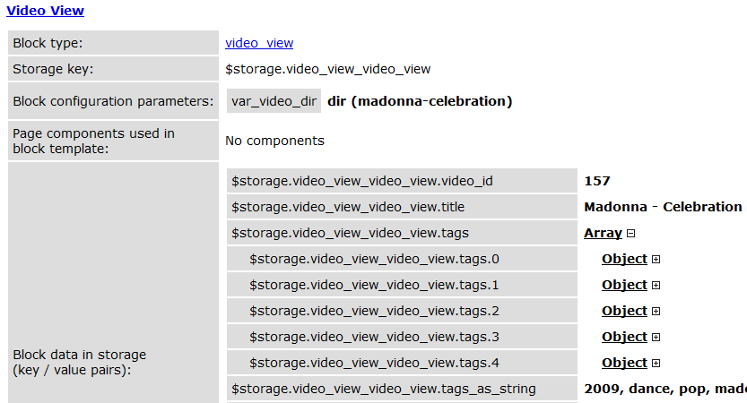 Debugging information for a video viewing page. Details on the video_view block on this page.